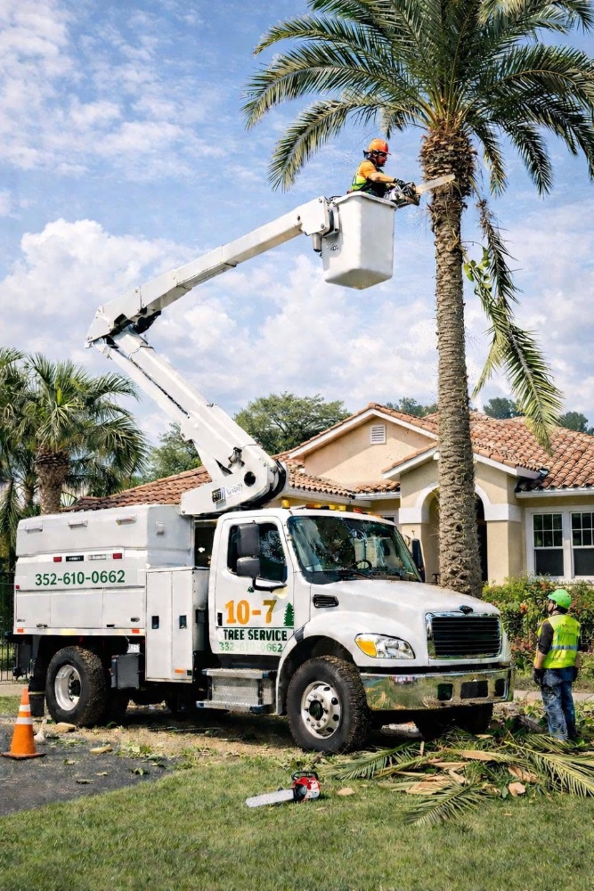 A 10-7 Tree Service bucket truck with a crew member trimming a tall palm beside a Citrus County home
