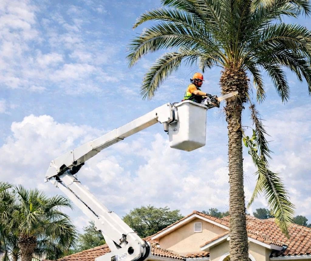 A 10-7 Tree Service crew member trimming a tall palm tree from an elevated bucket truck