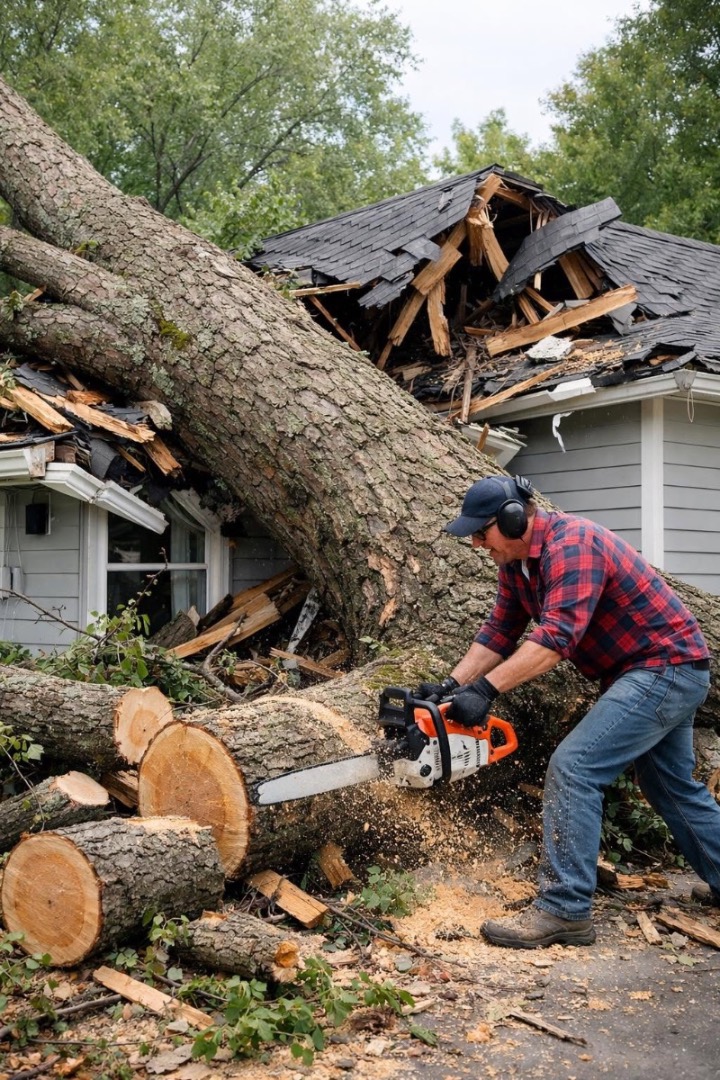 A 10-7 crew member cutting up a massive tree that crashed through the roof of a home